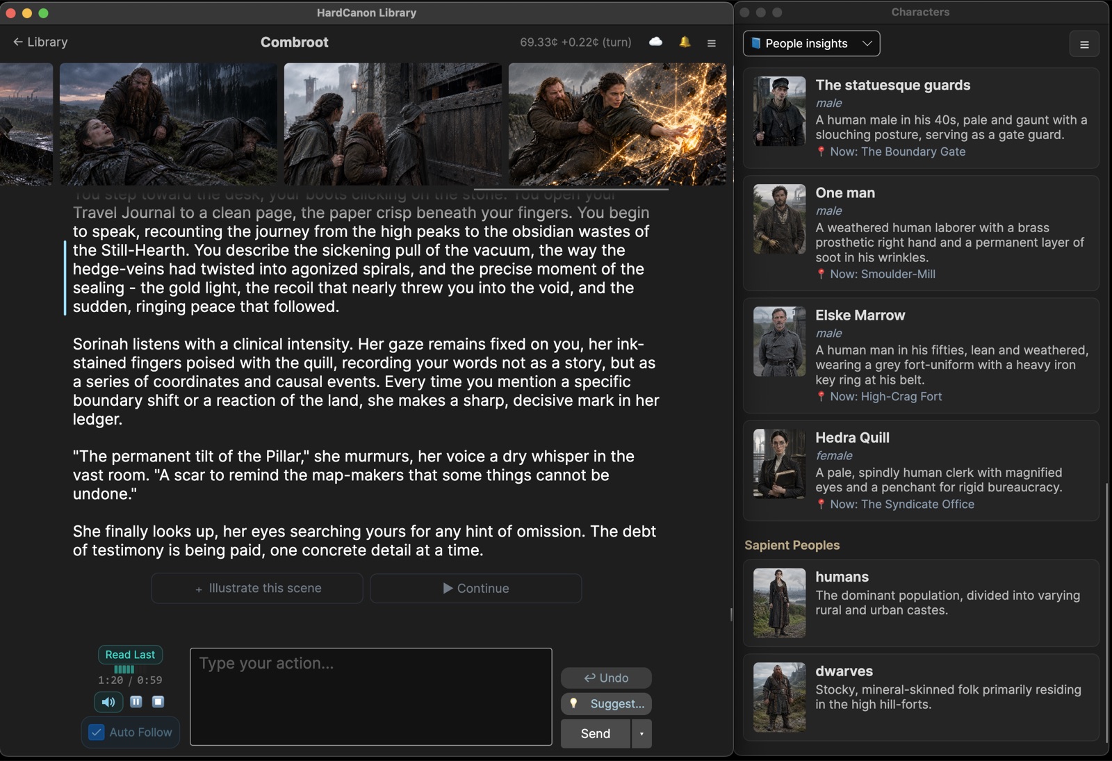 Hard Canon desktop app showing a fantasy scene: illustrated panels above streaming narration, with a character roster panel on the right
