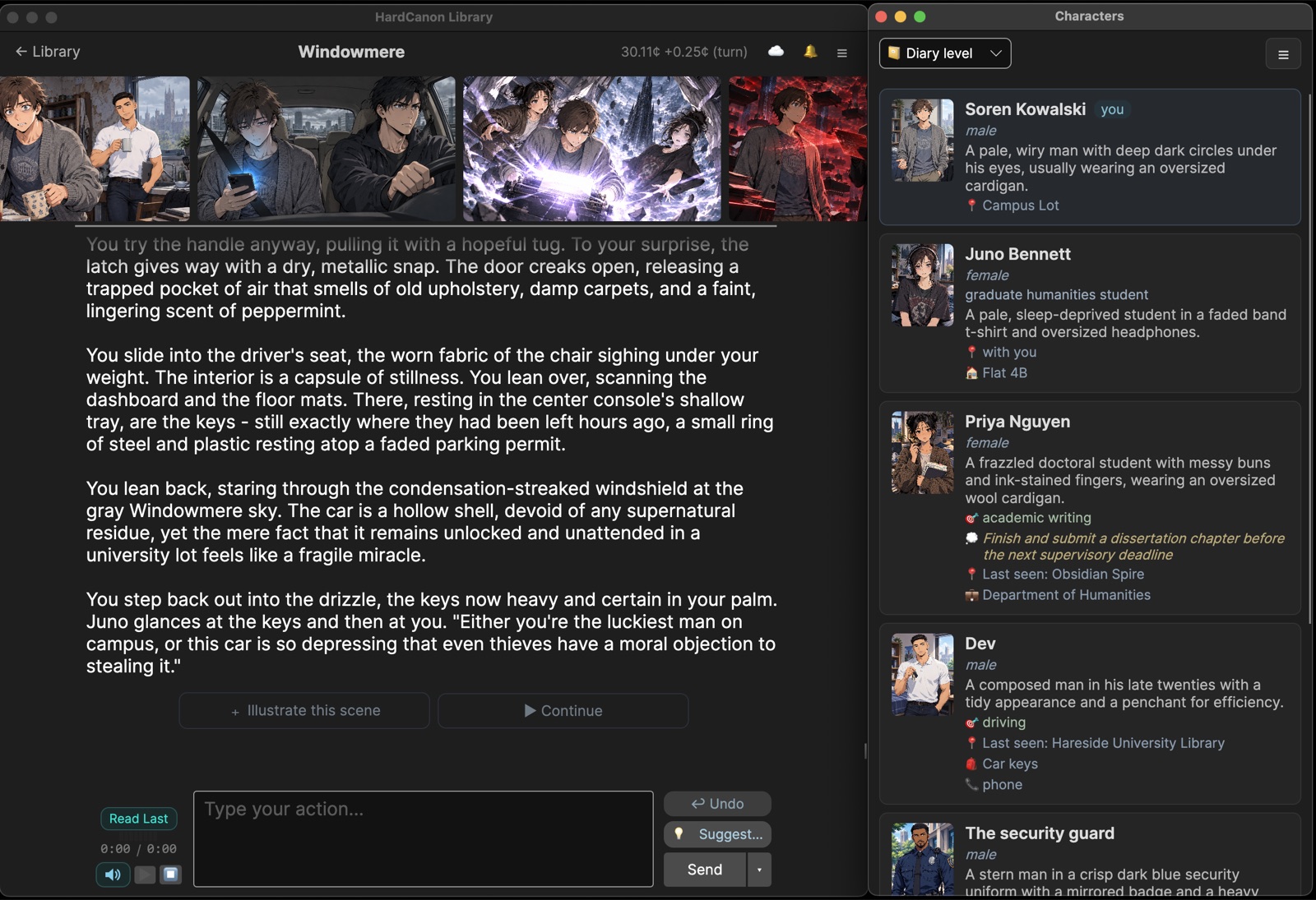 Hard Canon desktop app showing a contemporary urban story with anime-style illustrations and detailed character cards